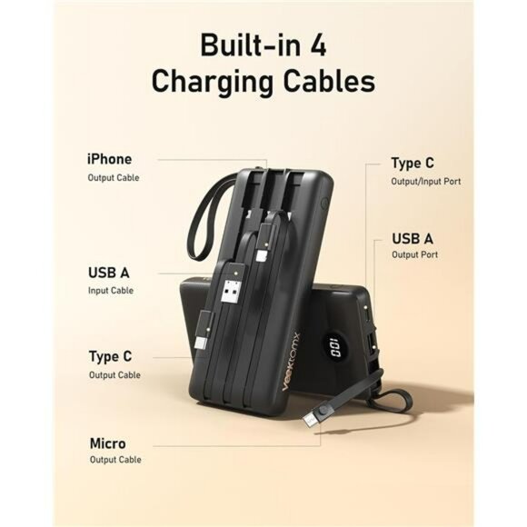 Portable Charger 10000mAh Power Bank with Built in Cables Fast Charge USB C - Picture 2 of 7